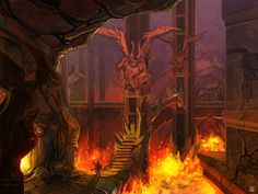 an image of a fantasy setting with fire and flames in the foreground, on which there is a staircase leading up to a demon's head