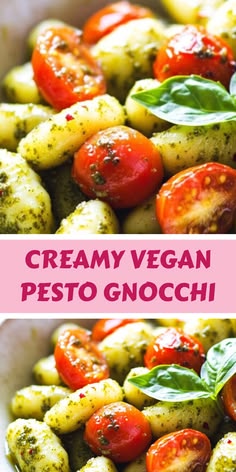 A serving of creamy vegan pesto gnocchi mixed with blistered tomatoes sits in a white bowl ready to eat. This recipe shows you how to prepare delicious vegan pesto gnocchi and blistered tomatoes for a satisfying meal.
