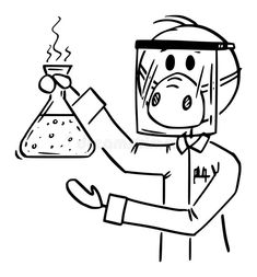 a cartoon character holding a beakle and flask filled with liquid while wearing a protective mask