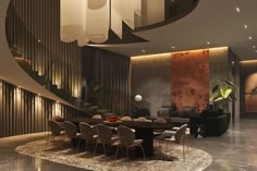 an elegant dining room with modern lighting and large round table surrounded by chairs in front of a spiral staircase