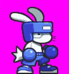 an image of a cartoon character with blue and white hair, wearing a purple helmet