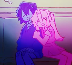 two cartoon characters sitting next to each other in front of a wall with pink and blue colors