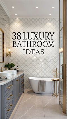 the bathroom is decorated in white and gray with gold accents, including a claw foot tub