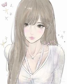 a drawing of a girl with long brown hair and white shirt, stars in the background