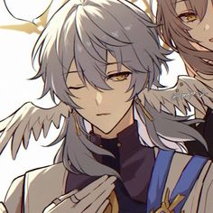 two anime characters one with grey hair and the other with blonde hair, both looking at something