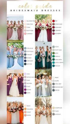 the color guide for bridesmaiddresses is shown in different colors and styles