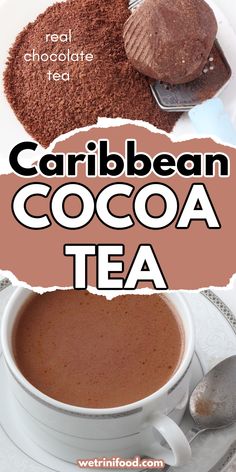 there is a cup of cocoa tea next to some cookies