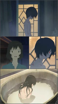 an anime scene with four different scenes in the same frame, and one is looking at another