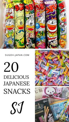 various japanese snacks are shown in this collage