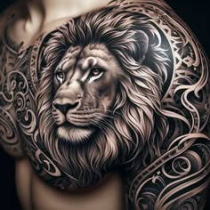 a man's chest with a lion tattoo on it, and an intricate design