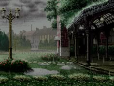 a painting of a park with flowers and a lamp post
