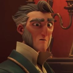 an animated man with grey hair and mustaches in front of a mirror looking at himself