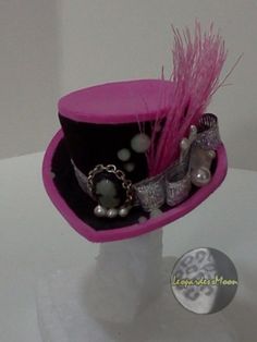 Victorian/ Steampunk Fashion doll Sueded Themed Mini Hats For Costumes, Top Hat Themed Accessory, Pink Mini Hat For Festivals, Pink Adjustable Mini Hat With Short Brim, Themed Mini Hats For Halloween Cosplay, Adjustable Black Punk Top Hat, Themed Mini Hats For Carnival Costume, Themed Mini Hat With Adjustable Short Brim, Pink Adjustable Top Hat With Curved Brim