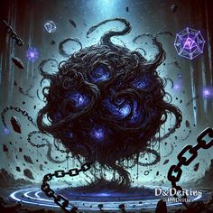 an octopus is surrounded by chains and other items in the background, as if it were floating