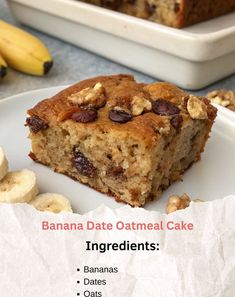 a banana date oatmeal cake on a plate with bananas and other ingredients