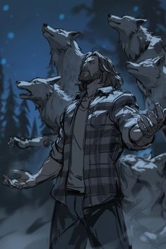a man standing in front of three wolfs with his arms out to the side