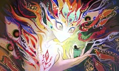 a painting of a woman with colorful hair