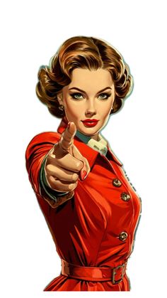 a painting of a woman pointing at the camera with her finger down and wearing a red dress