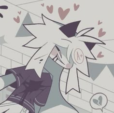 a drawing of a person with long hair in front of a brick wall and hearts