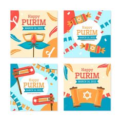 four cards with happy purim and jewish symbols