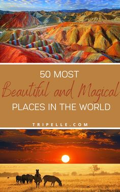 the sun is setting and there are horses grazing in front of it with text overlay that reads 50 most beautiful and magic places in the world