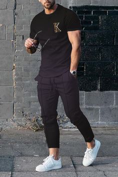 Material: Cotton    Style: Comfortable,  Casual  Neckline: Crew Neck   Sleeve Length: Pants SleeveSize Chart Casual Stretch Workout Sets, Casual Stretch Sets For Gym, Casual Workout Sets, Casual Stretch Gym Sets, Casual Fitted Moisture-wicking Sets, Casual Black Stretch Activewear, Casual Moisture-wicking Fitted Sets, Fitted Cotton Athleisure Sets, Black Stretch Joggers For Workout