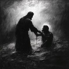 a black and white painting of two people in the water, one holding his hand