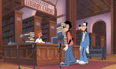 two cartoon characters standing in front of a library with bookshelves and microphones