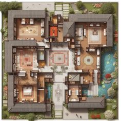 an aerial view of a four bedroom house with pool and garden in the middle, surrounded by greenery