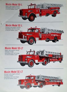 four firetrucks are shown in red and white, with their names on them