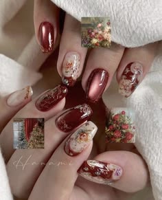 Scarlet Nails Design, Concept Nails, Aesthetic Red Nails, Red Nails Aesthetic Vintage, Artistic Nails, Romantic Red Nails, Cny Nails, Maximalist Short Nails, Art Deco Nails
