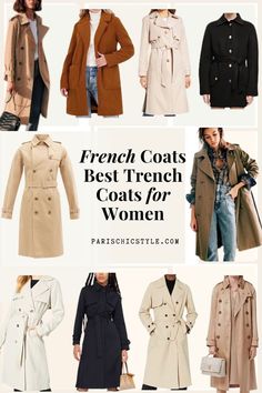 Best French coats & best trench coats for women for work, travel, sightseeing, walking. Sezane Parisian coats, Maje, Sandro, Ba&sh, Sam Edelman, Vince, Burberry, Lauren Ralph, A.P.C. Burberry, Michael Kors. These Parisian French coats are available in different materials, shapes, sizes, & colors. Classic beige trench coat, black trench coat, double-breasted coat, or comfortable, warmer &  colorful. #frenchcoats #trenchcoats #sezane #bash #parischicstyle #parisiancoats Paris Chic Style #travel