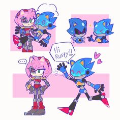 some cartoon characters with different expressions on their face and body, one is holding a sign that says hi rusty