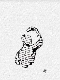 a black and white drawing of a person with a brick wall in the shape of a bear