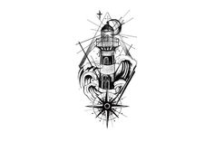 a black and white drawing of a lighthouse with an anchor on it's side