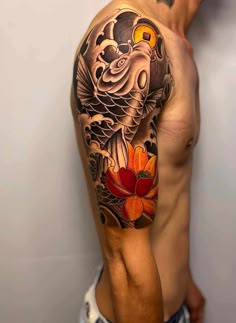 Koi Fish Tattoo Design Shoulder, Koi Arm Tattoo For Men, Koi Half Sleeve Tattoo, Half Sleeve Koi Tattoo For Men, Koi Fish Bicep Tattoo, Koi Shoulder Tattoo, Japanese Koi Sleeve Tattoos, Koi Fish Tattoo Japanese Style Arm, Koi Dragon Tattoo Half Sleeve