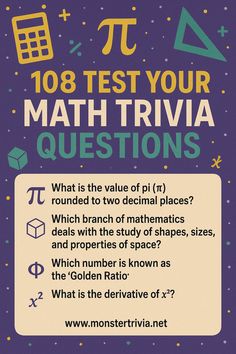 Colorful infographic-style image featuring math symbols, numbers, and equations, with overlay text: “108 Fun Math Trivia Questions”