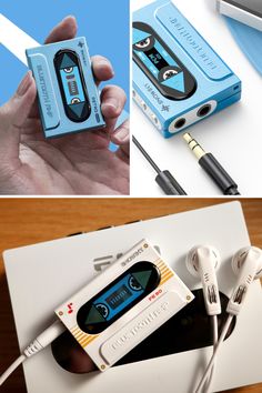 there are two pictures with different things in them, one is an mp3 player and the other has headphones