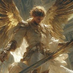 an angel holding two swords in his hands