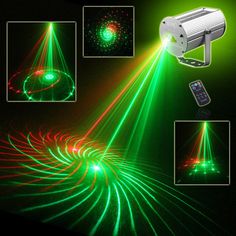 green and red laser projector with remote control on black background, surrounded by three images