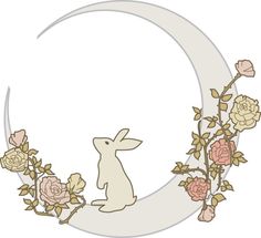 a rabbit sitting on the moon surrounded by flowers