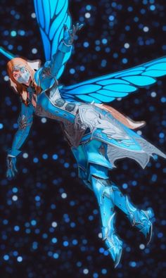 a blue bird flying through the air with its wings spread out and it's eyes open