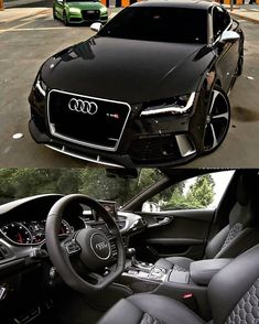 the inside and outside view of a car with black leather seats, steering wheel controls and dashboard