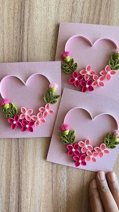 two handmade valentine's day cards with pink flowers and green leaves on them
