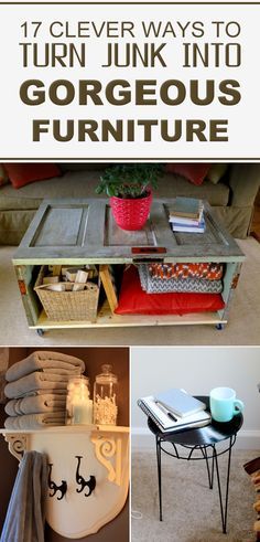 an old table is turned into a unique coffee table with lots of storage and organization
