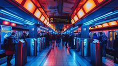 people are standing on the subway platform at night, with neon lights shining down them