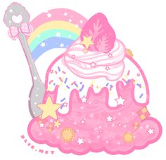 a pink cupcake with sprinkles, stars and a rainbow on top