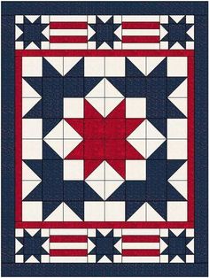 a red, white and blue quilt with an american flag design on the center piece