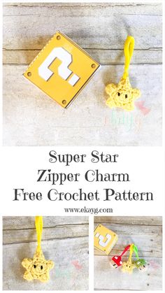 the super star zipper charm free crochet pattern is shown with instructions to make it