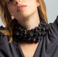 Statement Necklace, Unique Wide Large Chunky Black Fabric Textile Bohemian Fashion Choker Necklace For Women, Wearable Art Contemporary Fashion Jewelry Accessories This show stopper Black choker necklace is made to create a "wow' effect! It will bring out your unique fashionable style, saying: Look at me! I'm one of a kind and I'm magnificent! This festive necklace is made with gorgeous black satin fabric. I use a special technique to help me form these 'nature-inspired geological-like rock shape structures. The shiny fabric and the faceted shapes reflect the light like diamonds - sparkly and shiny and gorgeous.  This statement necklace rests easily and comfortably on the neckline. It's lightweight and soft. If you want to upgrade your look with unique dramatic jewelry - this piece of wear Chic Handmade Choker For Gift, Black Choker Necklaces For Party, Black Choker Necklace For Evening, Handmade Chic Evening Jewelry, Black Choker For Evening, Handmade Choker Necklace For Evening, Formal Black Choker, Handmade Black Choker For Parties, Black Choker For Evening Wear